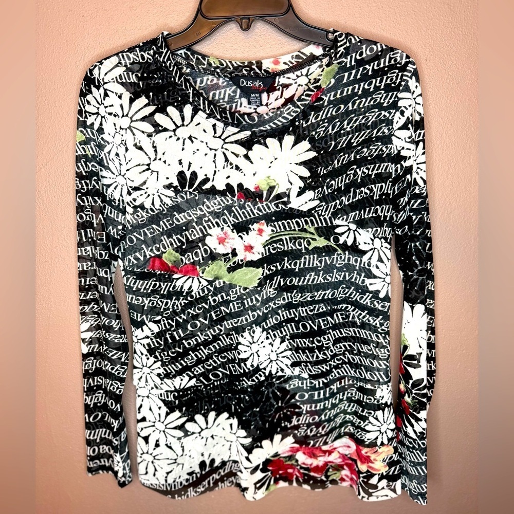 Dusak Designs Y2Kcore Floral & Text Patterned Layered Mesh Long Sleeve Size M. - Picture 1 of 16